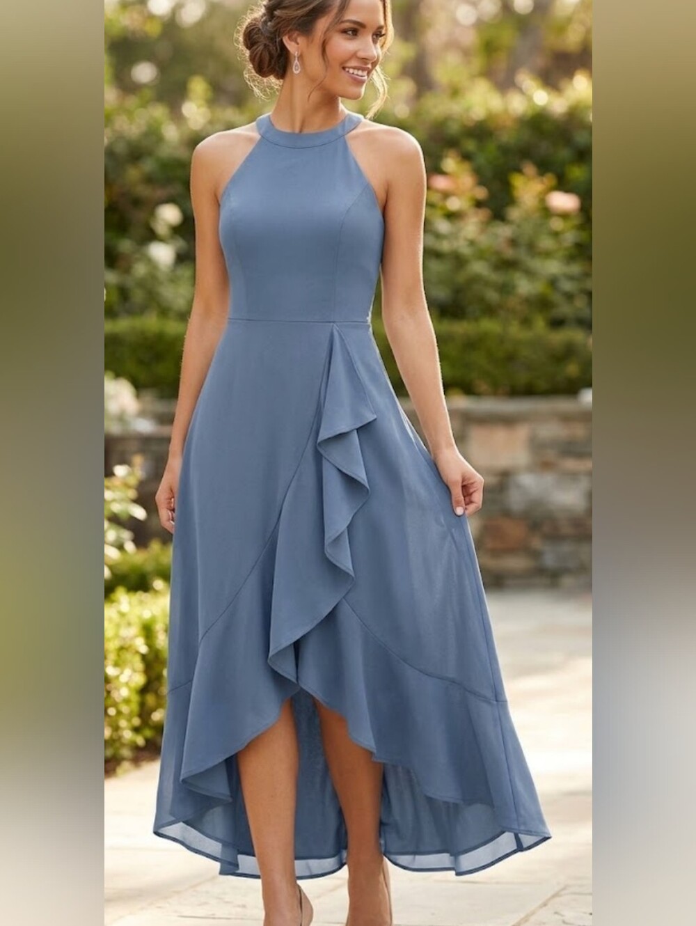 DRESSYSTAR.. Halter Neck Ruffle Midi Dress - Steel Blue